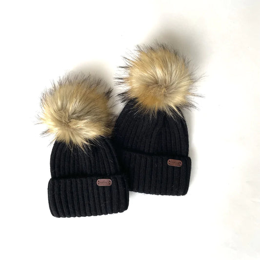 Tuque en laine d'angoras avec pompom amovible - Noir