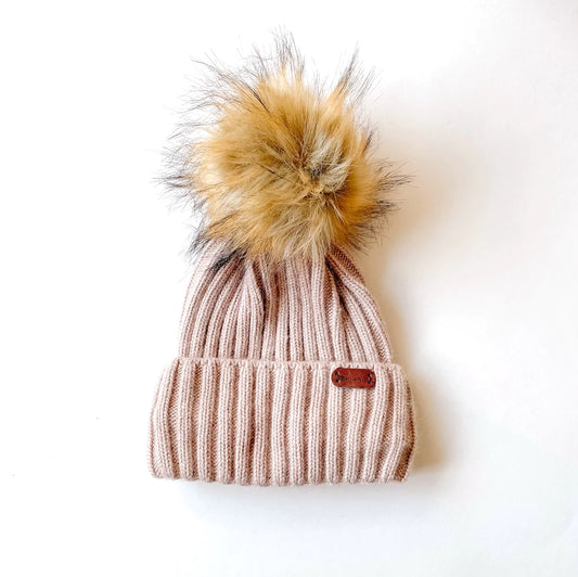 Tuque en laine d'angoras avec pompom amovible - Taupe